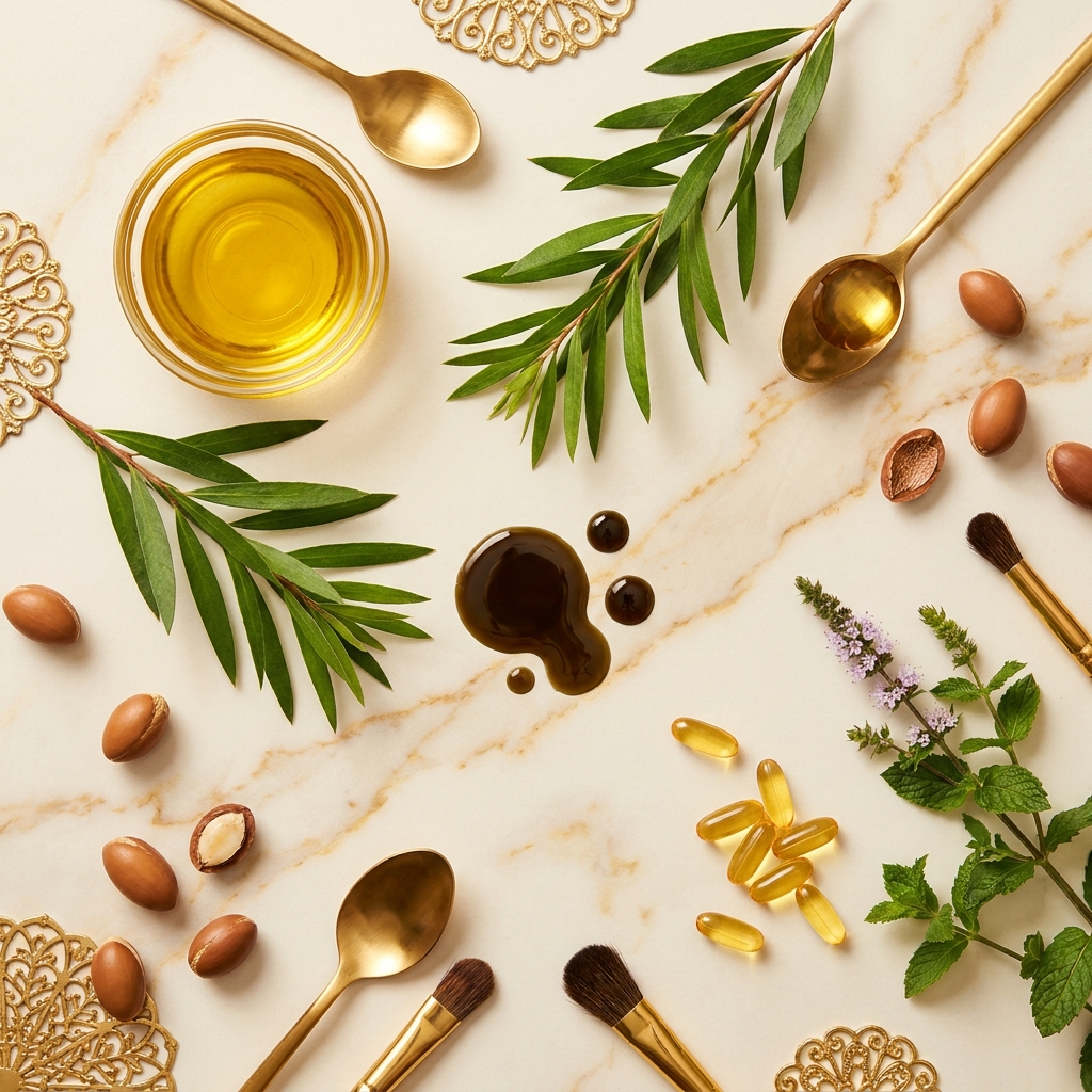 Ingrédients naturels LUSTREYA flat lay premium
